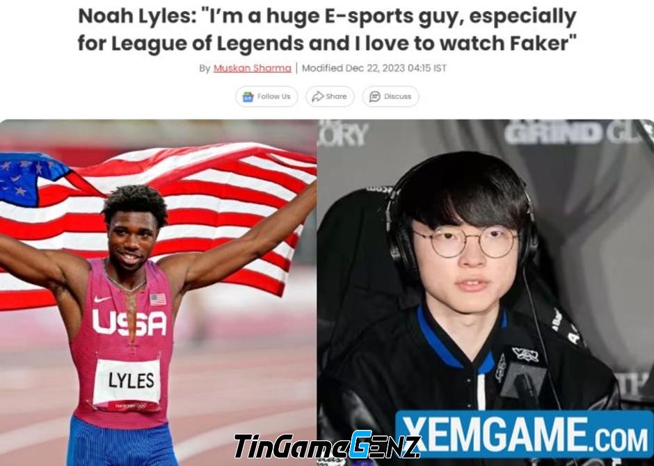 “Noah Lyles, vận động viên Olympic 2024, bày tỏ là fan hâm mộ cuồng nhiệt của Faker”