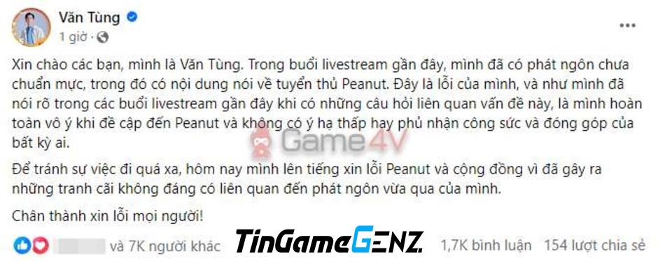 BLV Văn Tùng xin lỗi fan vì phát ngôn về Peanut trong LMHT