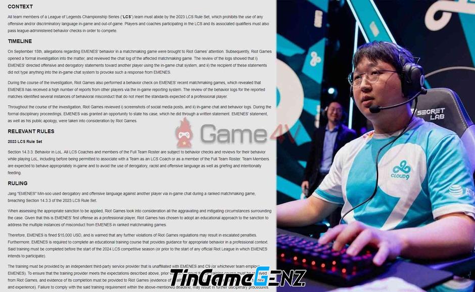 C9 EMENES bị Riot Games phạt vì drama PBCT trước CKTG 2023 trong Liên Minh Huyền Thoại.