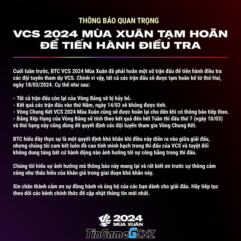 Đội tham gia VCS 2024 Mùa Xuân phản ứng trước thông báo tạm hoãn giải để điều tra gian lận từ BTC