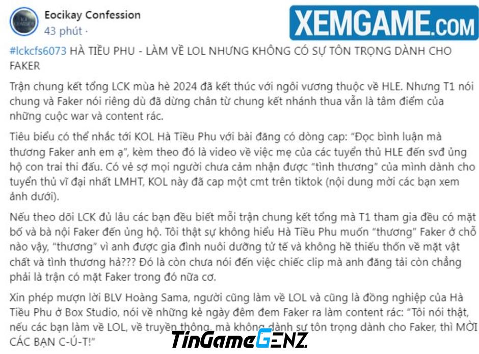 Hà Tiều Phu Lên Tiếng Xin Lỗi Faker: Giải Thích Rằng “Một Admin Khác Đã Gây Ra Sự Cố”