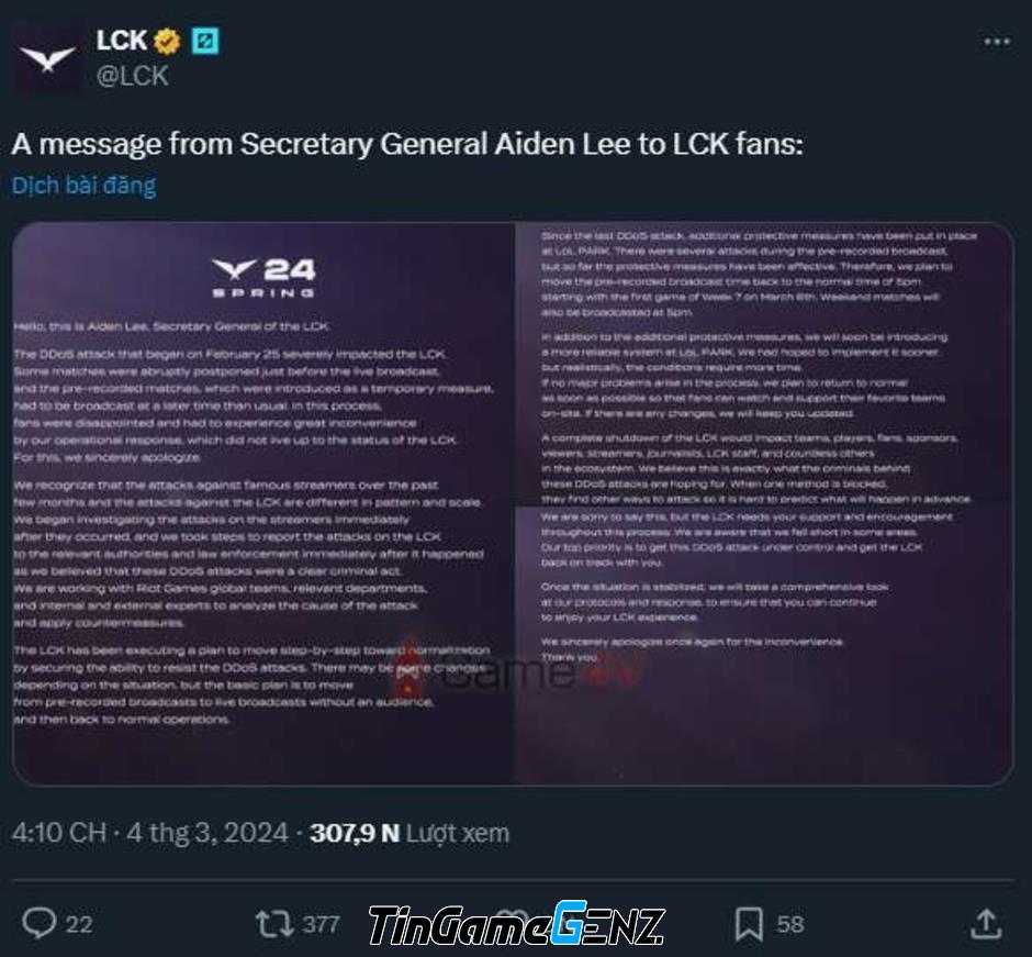 Kế hoạch phát sóng trực tiếp LMHT LCK sau sự cố DDoS