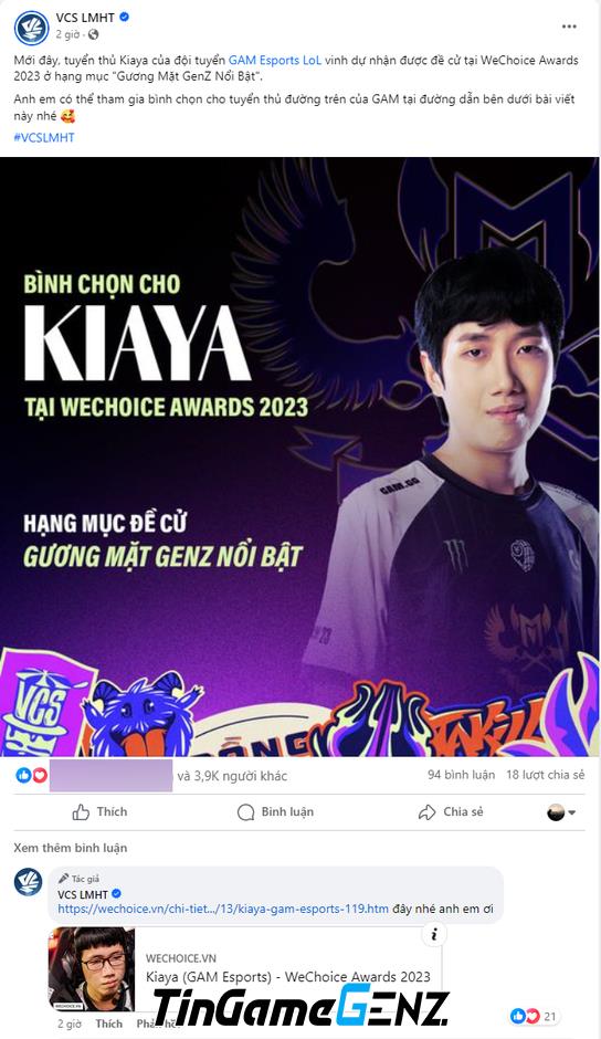 Kiaya của VCS gây ấn tượng mạnh tại WeChoice Awards 2023 với sự đóng góp của cả cộng đồng