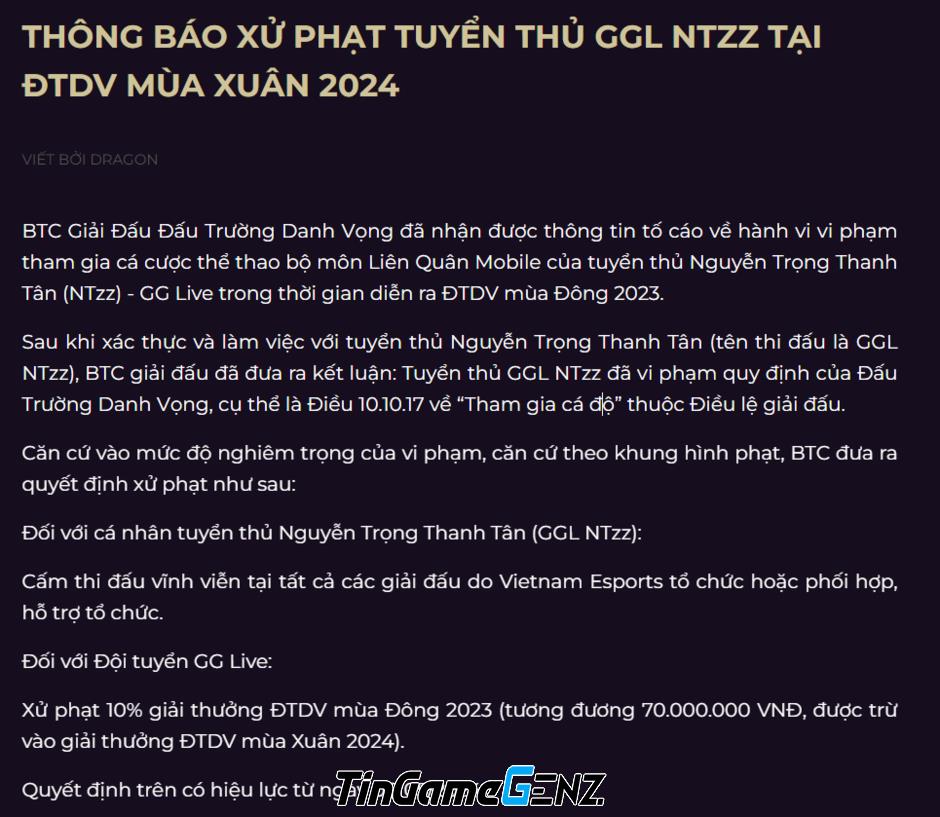 Liên Quân Mobile: Tuyển thủ GG Live bị án phạt nghiêm trọng từ Garena