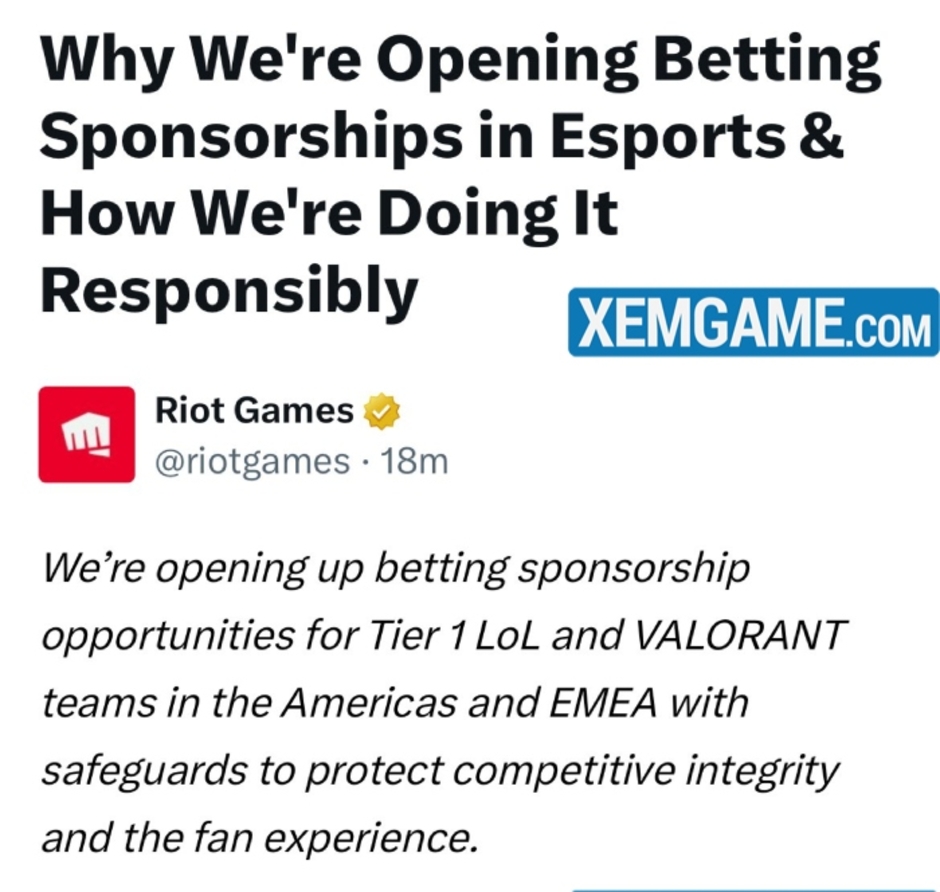 Riot Games Cho Phép Các Nhà Tài Trợ Cá Cược Esports Tham Gia LMHT và VALORANT: Cơ Hội Mới Trong Thế Giới Game! Riot Games Cho Phép Các Nhà Tài Trợ Cá Cược Esports Tham Gia LMHT và VALORANT: Cơ Hội Mới Trong Thế Giới Game!