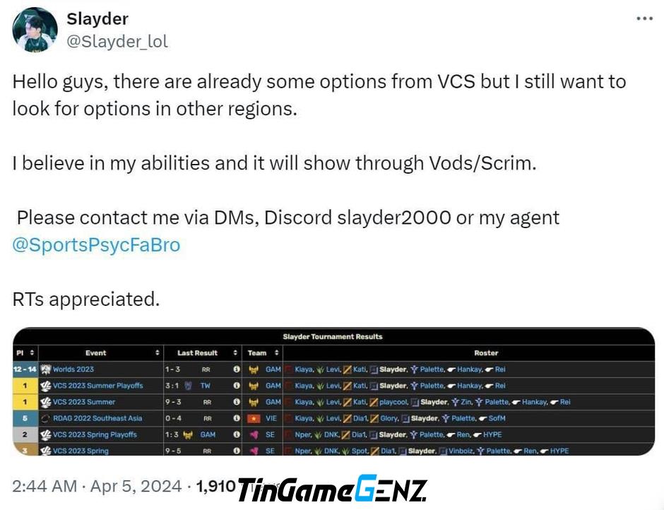 Slayder tiết lộ lý do vắng mặt tại Playoffs VCS Mùa Xuân 2024: Không được tuyển vào đội nào?