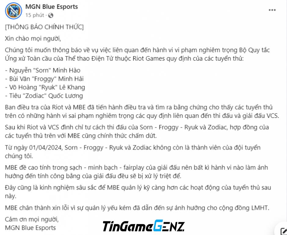 Tuyển thủ LMHT VCS bán độ, đội tuyển phản ứng thế nào?