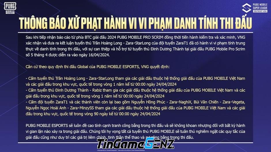 Tuyển thủ Rabiz PUBG Mobile bị phạt 1 năm vì vi phạm danh tính thi đấu