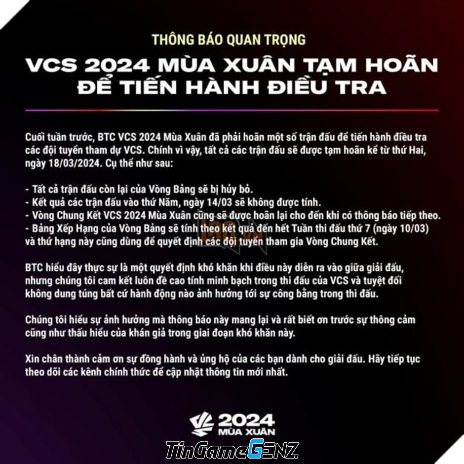 VCS Công Bố Chính Thức Nghi Vấn Tiêu Cực Trong Giải Đấu Mùa Xuân 2024