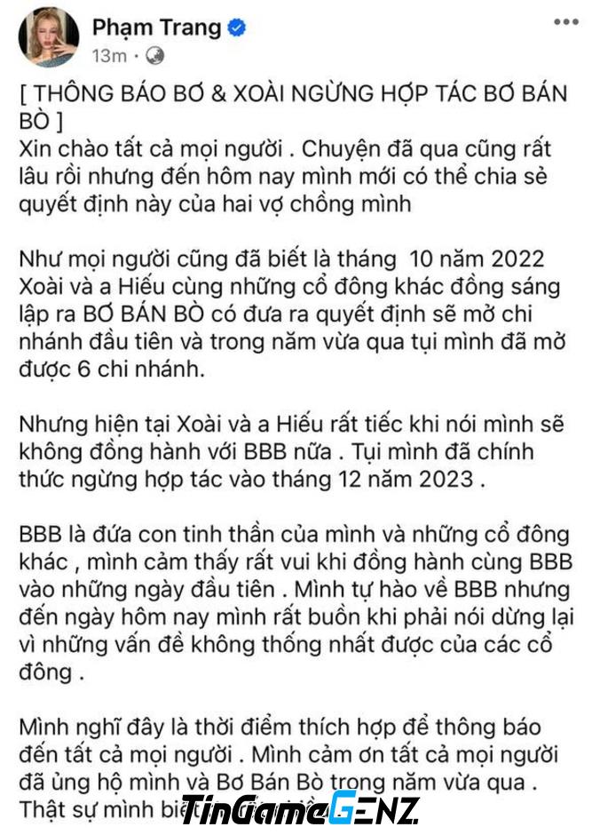 Xemesis và Xoài Non từ bỏ 40% cổ phần quán ăn mang thương hiệu với lý do gây bất ngờ