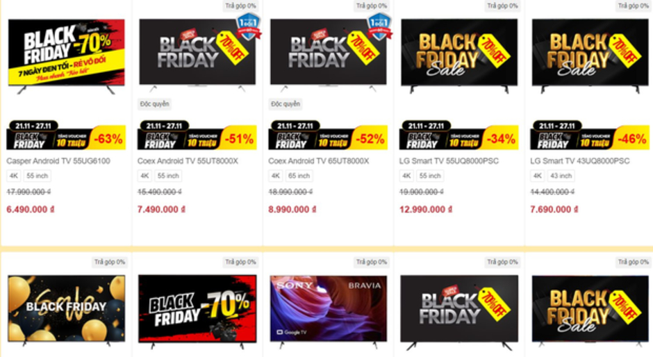 Black Friday: Tivi, laptop, smartphone... giảm giá sâu tới 70% và kèm ưu đãi lò vi sóng, tủ lạnh miễn phí.