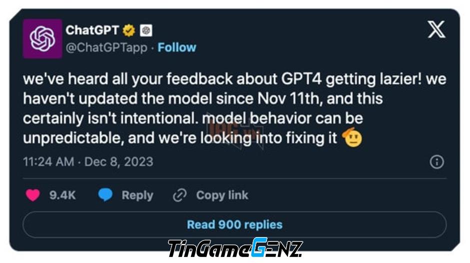 ChatGPT của OpenAI trở nên lười biếng và yêu cầu người dùng tham gia hoạt động