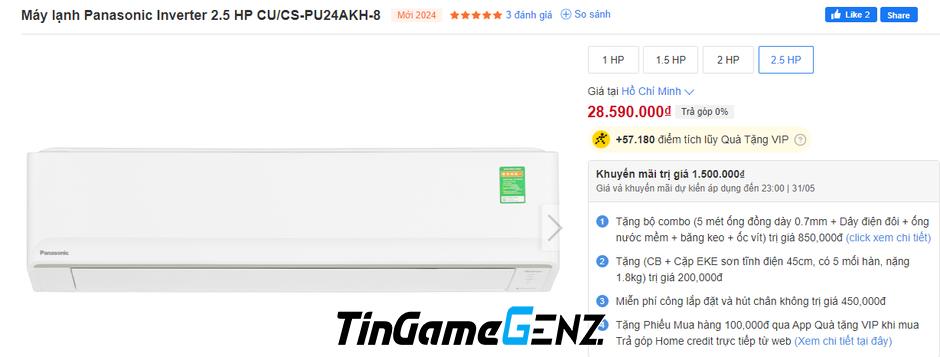 Giá điều hoà Panasonic Inverter tháng 5: Giữ nguyên, nhiều ưu đãi