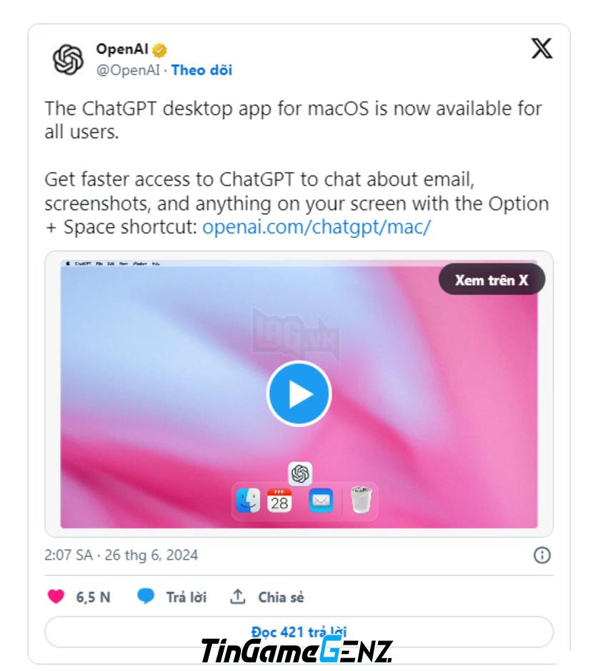 OpenAI phát hành ứng dụng ChatGPT trên MacOS cho người dùng