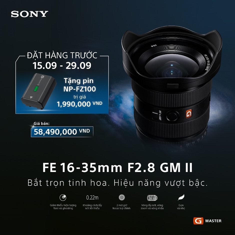 Sony giới thiệu ống kính G-Master FE 16-35mm F2.8 GM II: Ống kính Zoom góc rộng nhẹ nhất thế giới, tích hợp chất lượng ảnh G Master và công nghệ lấy nét tự động nhanh chóng.