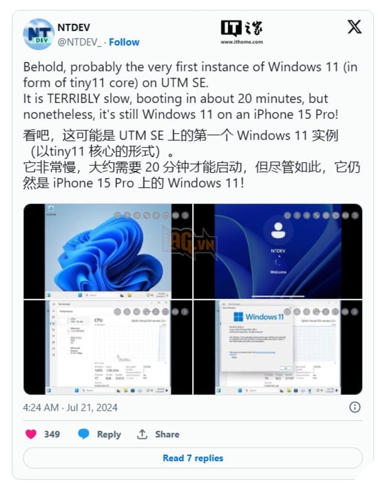 Trình giả lập mới cho phép Windows 11 chạy trên iPhone 15 Pro, tuy nhiên mất tới 20 phút để khởi động.