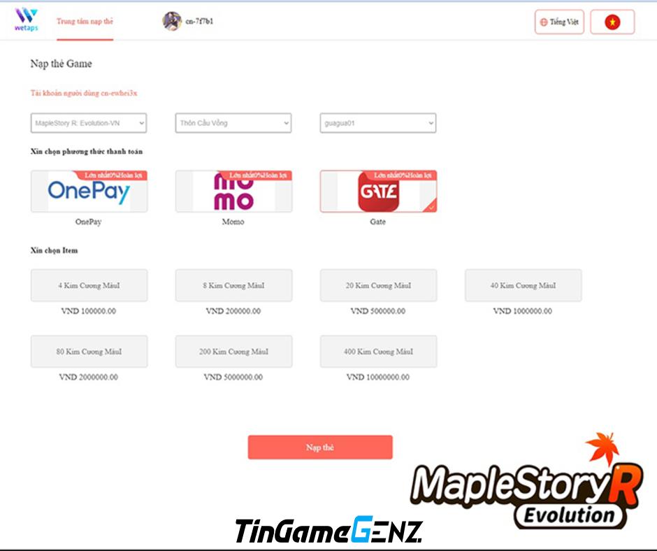 Hướng dẫn nạp tiền vào game MapleStory R: Evolution Việt Nam nhanh chóng và dễ dàng