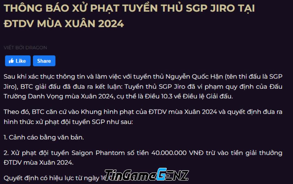 Tuyển thủ SGP bị phạt vì vạ miệng, fan phản đối NPH thiên vị