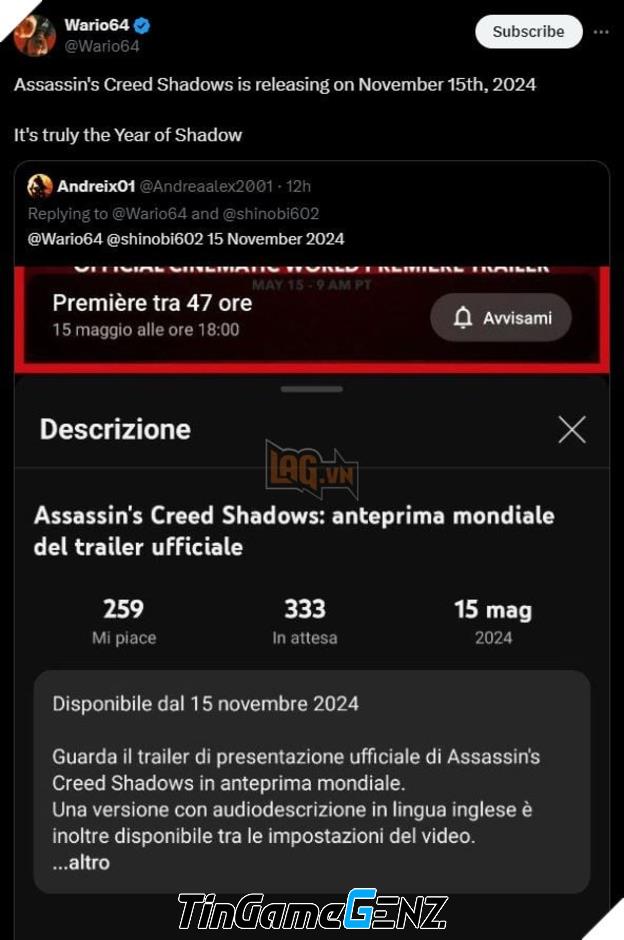 Assassin's Creed Shadows sẽ ra mắt vào ngày 15/11/2022