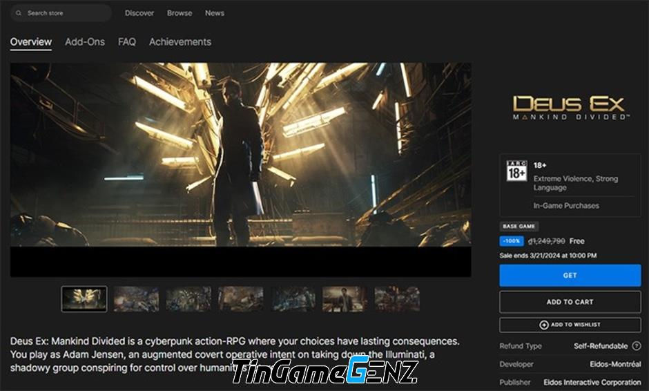 Epic Games tặng game Deus Ex: Mankind Divided miễn phí