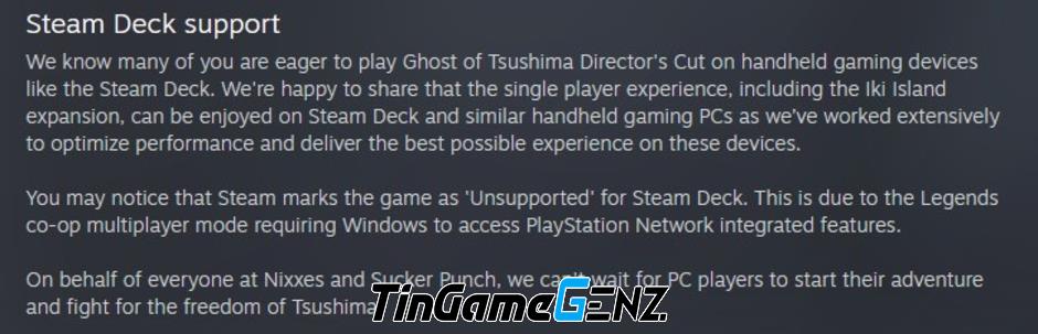 Ghost of Tsushima bị dán nhãn Unsupported trên Steam Deck vì vấn đề với PSN