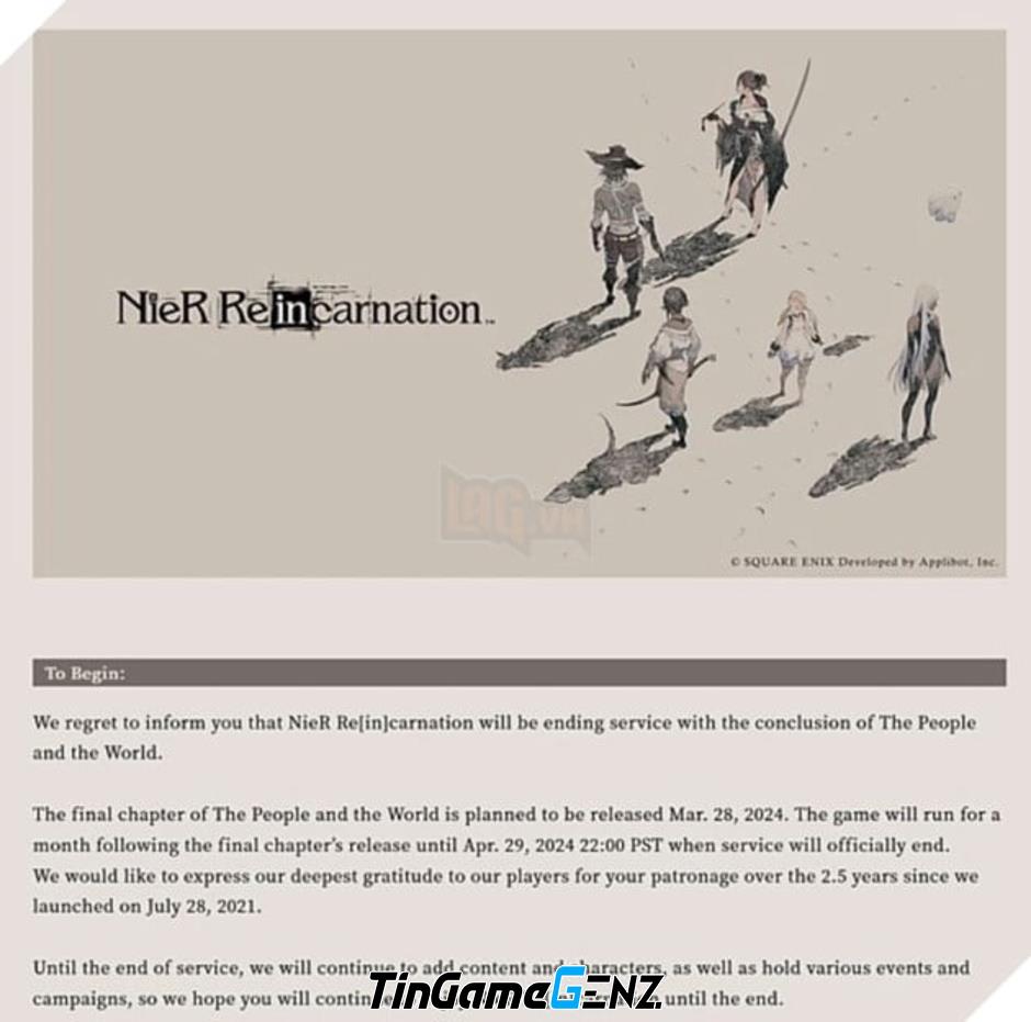 Nier Reincarnation sẽ chính thức đóng cửa vào tháng 4 sắp tới