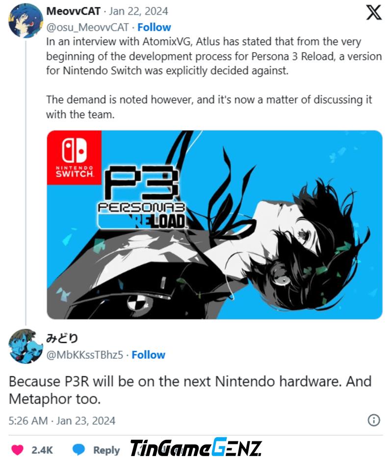 Persona 3 Reload và Metaphor: ReFantazio sẽ xuất hiện trên Nintendo Switch 2?