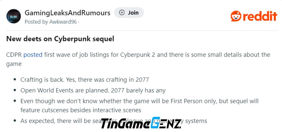 Rò rỉ thông tin đầu tiên về lối chơi Cyberpunk 2077 phần tiếp