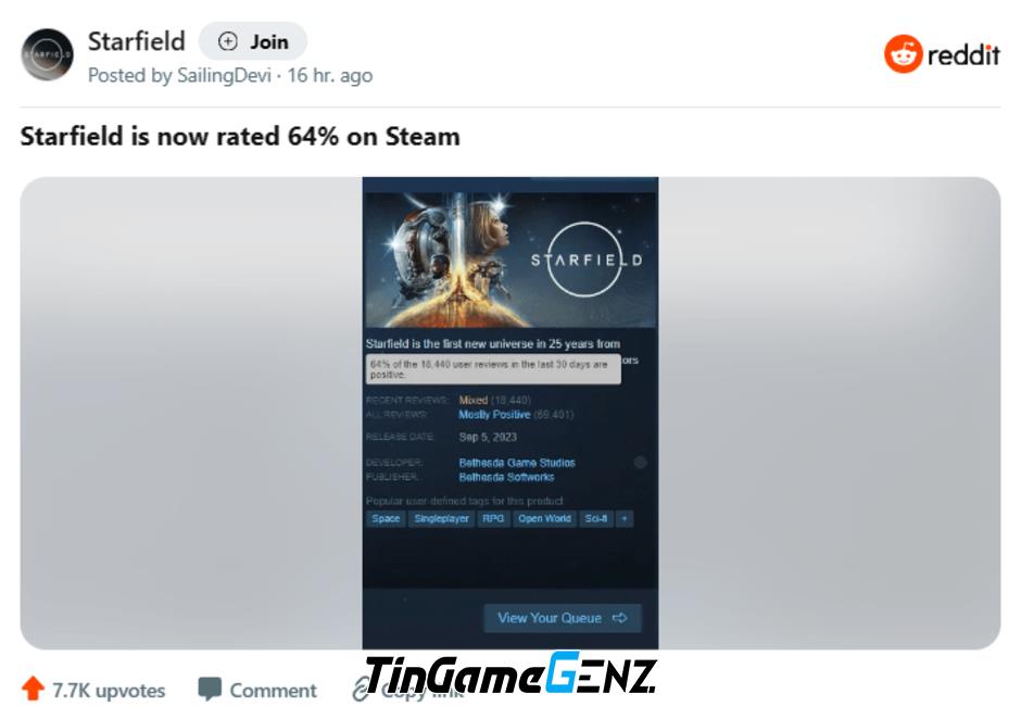 Starfield liên tục giảm xếp hạng đánh giá trên Steam