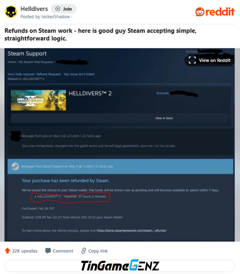 Steam cho phép hoàn tiền Helldivers 2 sau hơn 2 giờ chơi