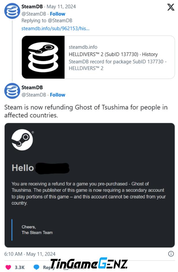 Steam hoàn tiền tự động cho game Ghost of Tsushima tại Việt Nam